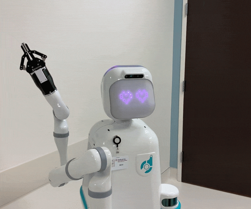 moxi robot nurse saying hello_theHotBleep