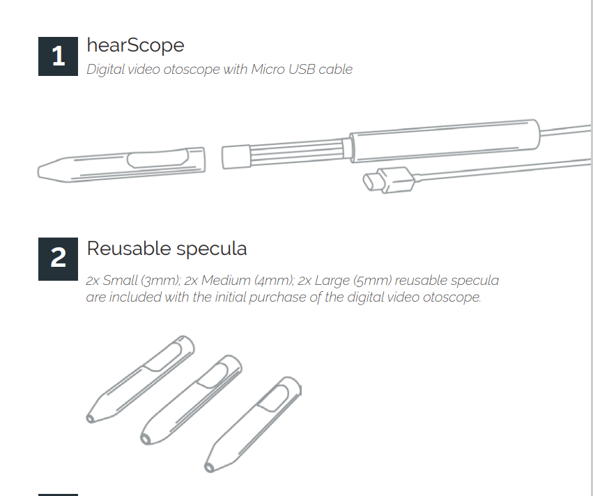 hearScope device with various sized ear canal spatulas laid out next to it.







